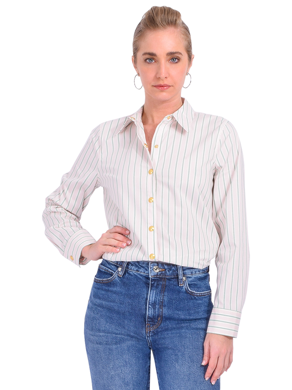 L'AGENCE Ellery Poplin Button-Down Shirt in Baby Pink and Sage Stripe Front View 