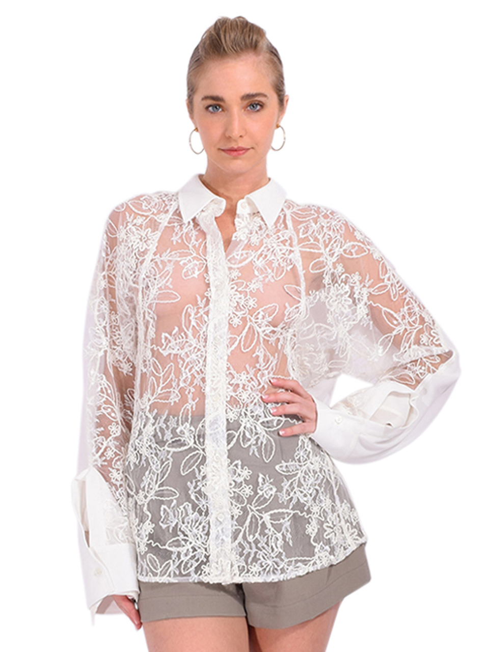 3.1 Phillip Lim Sequin Lace Oversized Shirt in White Front View 