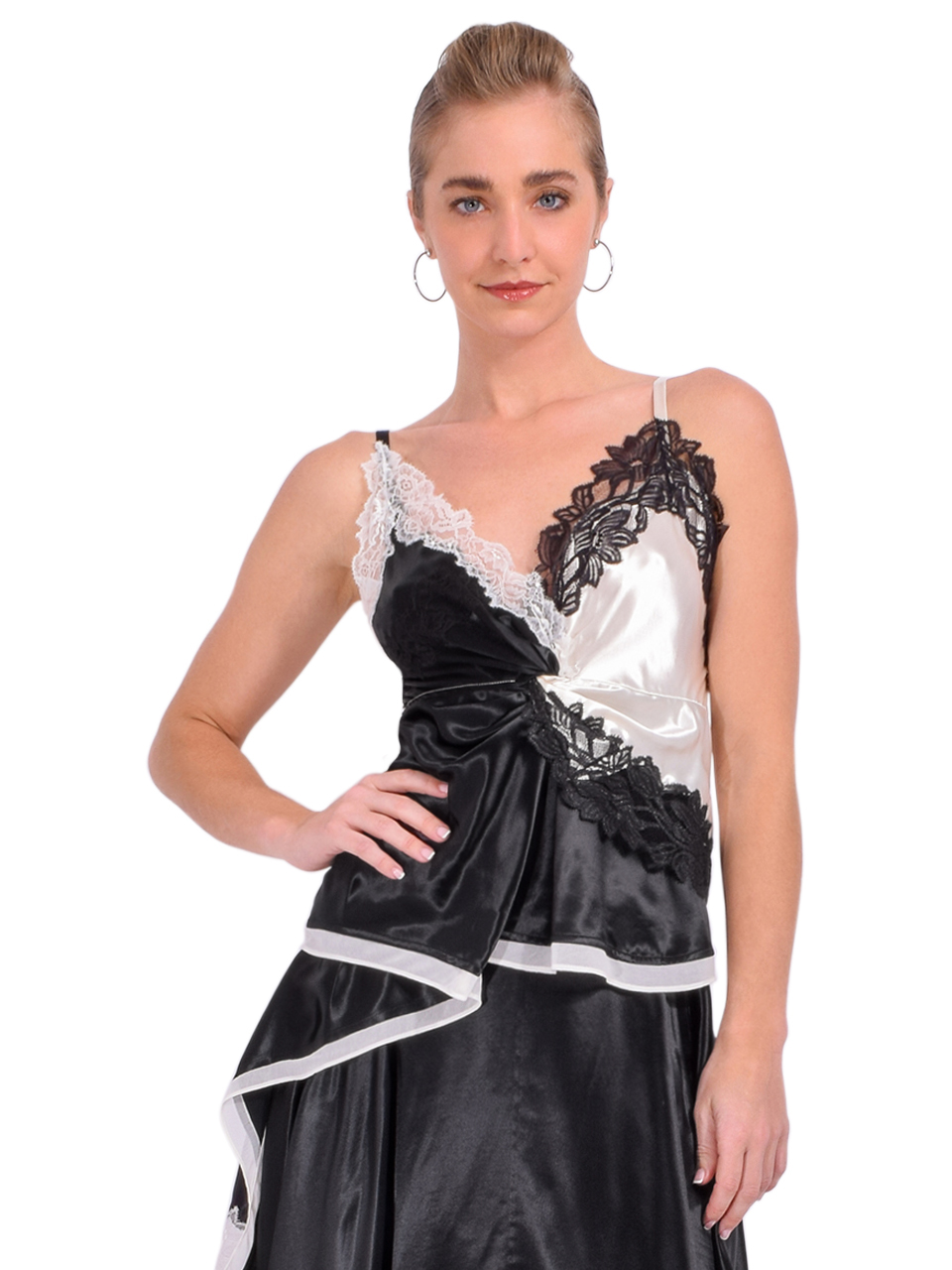 3.1 Phillip Lim Liquid Satin Twist Cami in Black/Ivory Front View 