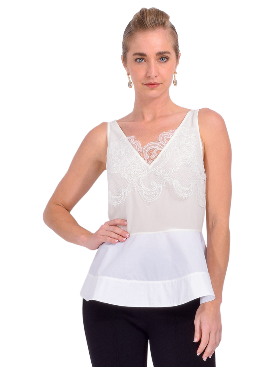 3.1 Phillip Lim Chiffon Peplum Tank with Lace in Ivory Front View 