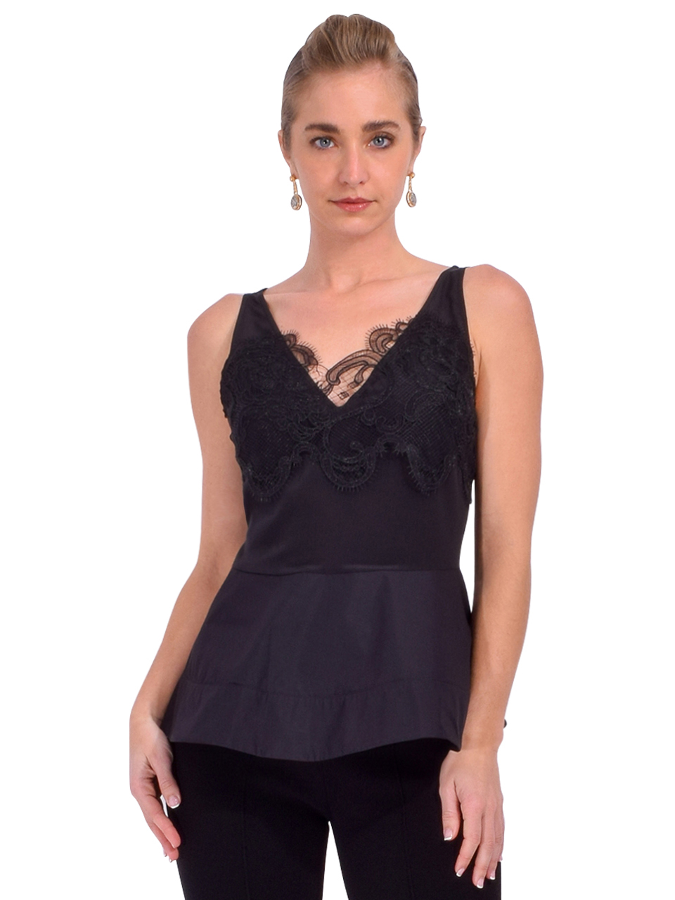 3.1 Phillip Lim Chiffon Peplum Tank with Lace in Black Front View 