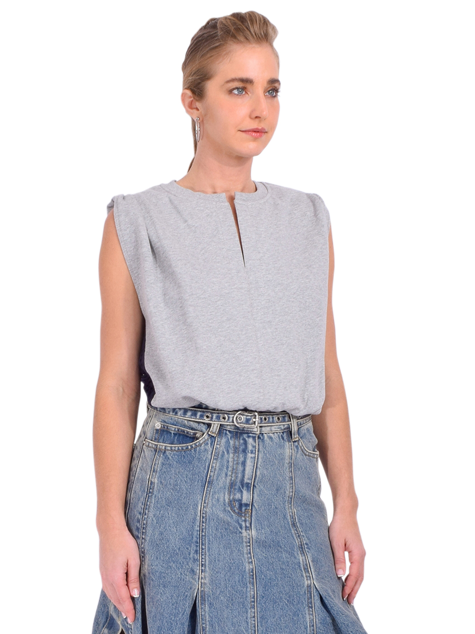 3.1 Phillip Lim French Terry Top with Broiderie Anglaise Combo in Gray/Navy Side View 
