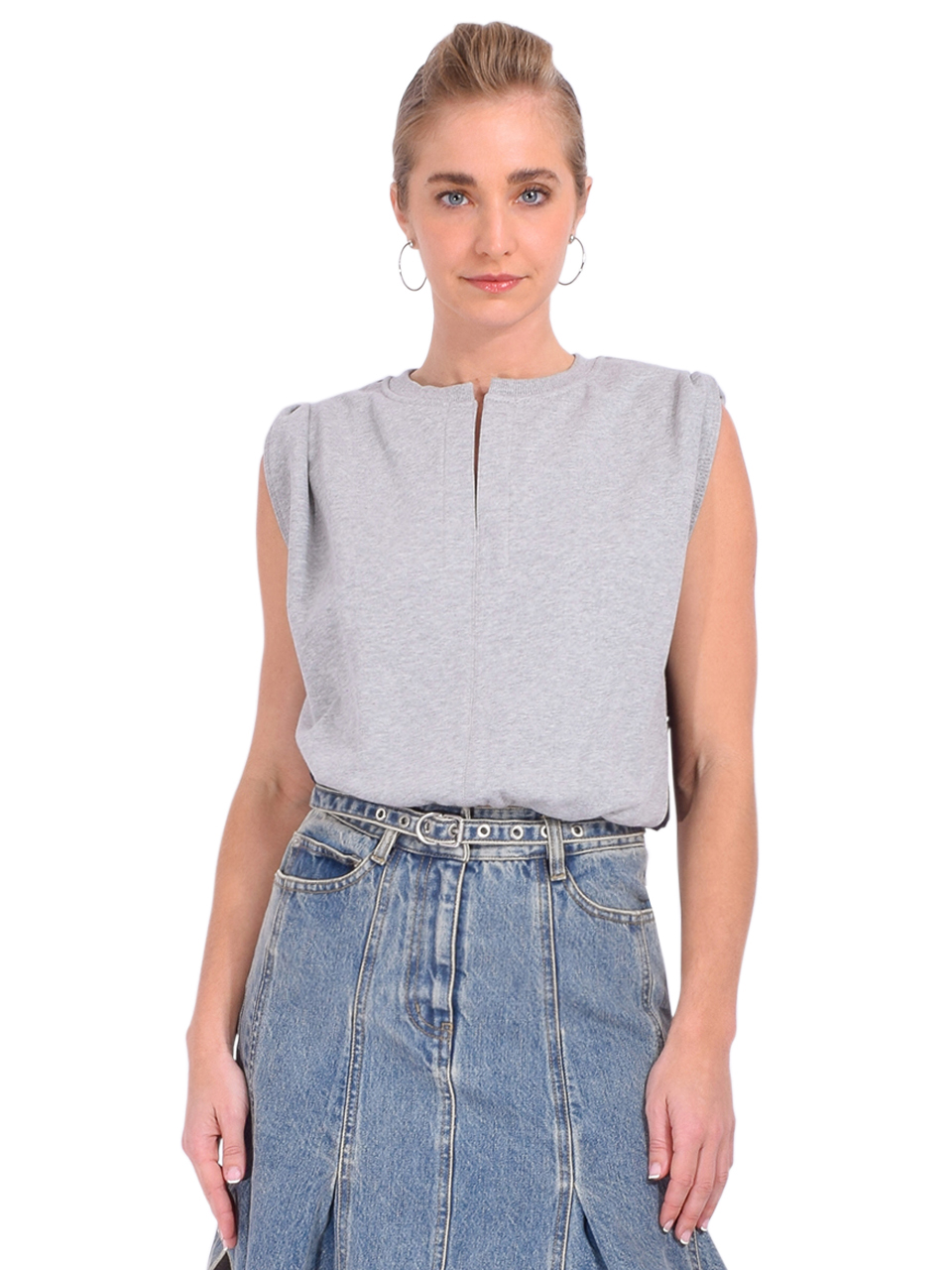 3.1 Phillip Lim French Terry Top with Broiderie Anglaise Combo in Gray/Navy Front View 

