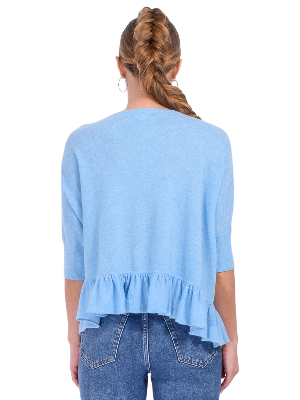 Minnie Rose Cashmere Crew Cropped Pow Wow with Ruffle in Cameo Blue Back View 