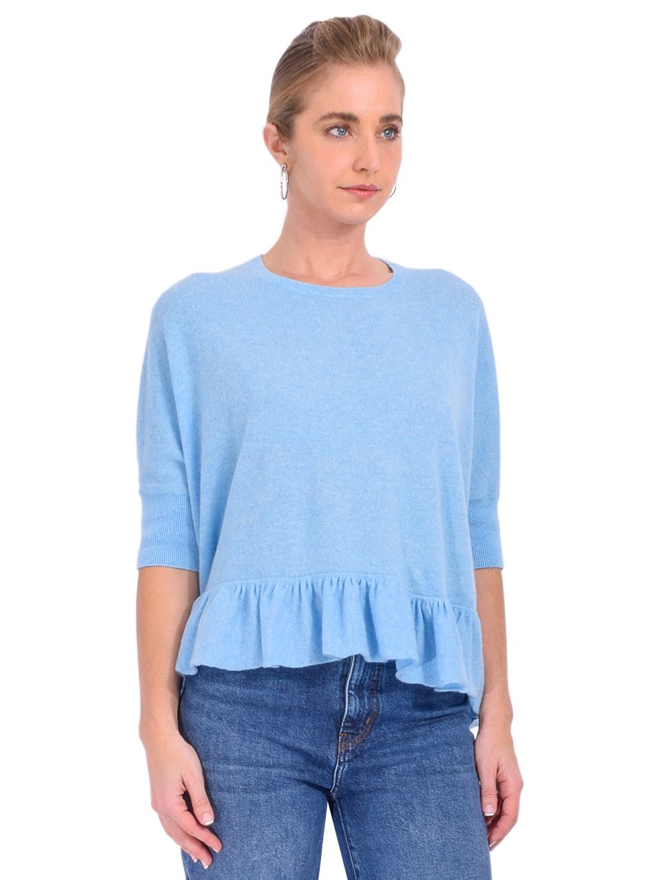 Minnie Rose Cashmere Crew Cropped Pow Wow with Ruffle in Cameo Blue Side View 