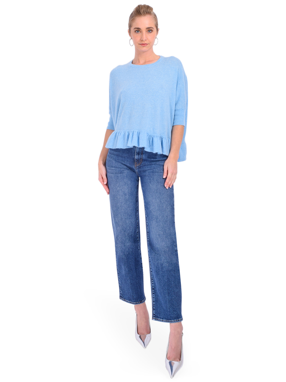 Minnie Rose Cashmere Crew Cropped Pow Wow with Ruffle in Cameo Blue Full Outfit 