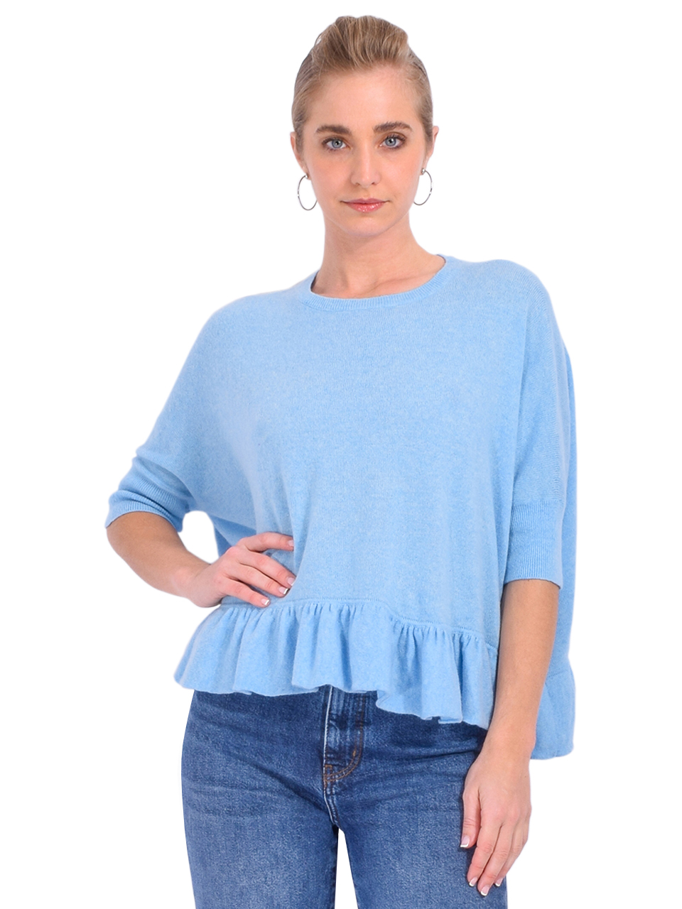Minnie Rose Cashmere Crew Cropped Pow Wow with Ruffle in Cameo Blue Front View 