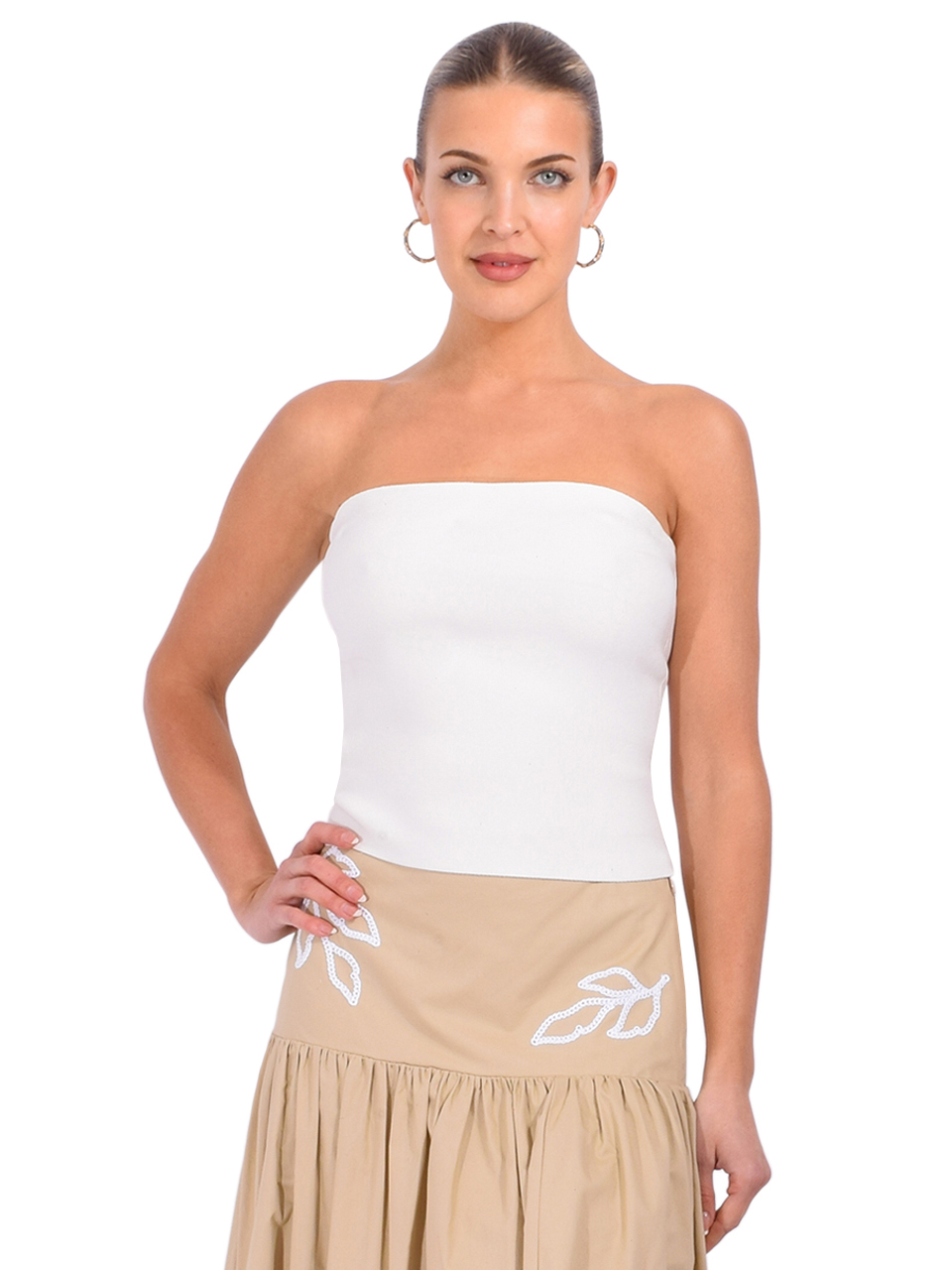 SIMKHAI Nicole Strapless Compact Knit Top in White Front View 