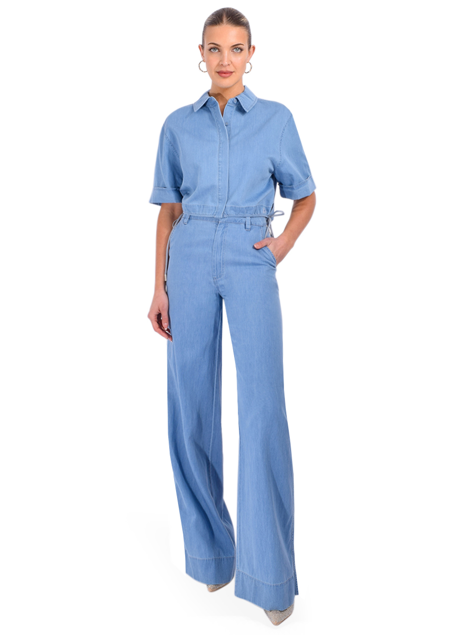 SIMKHAI Coralena Wide Leg Pant in Stratus Blue Full Outfit 