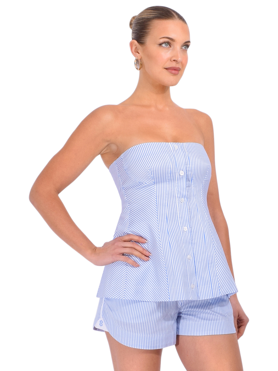 SIMKHAI Vivvy Cotton Top in Blue Stripe Side View 
