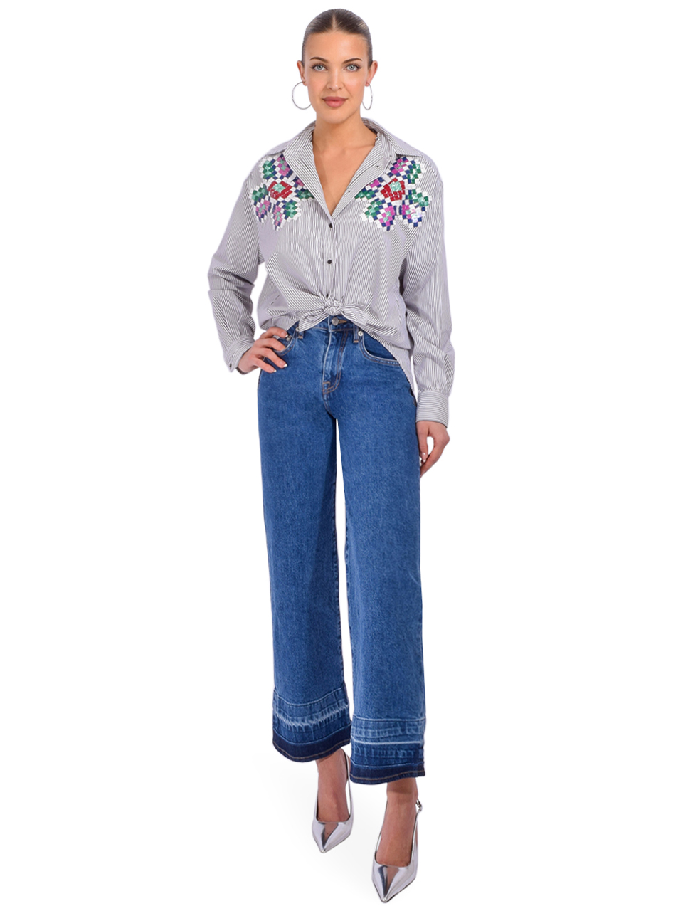 Essentiel Antwerp Hapricorn Sequin-Embroidered Shirt in Black and White Full Outfit 