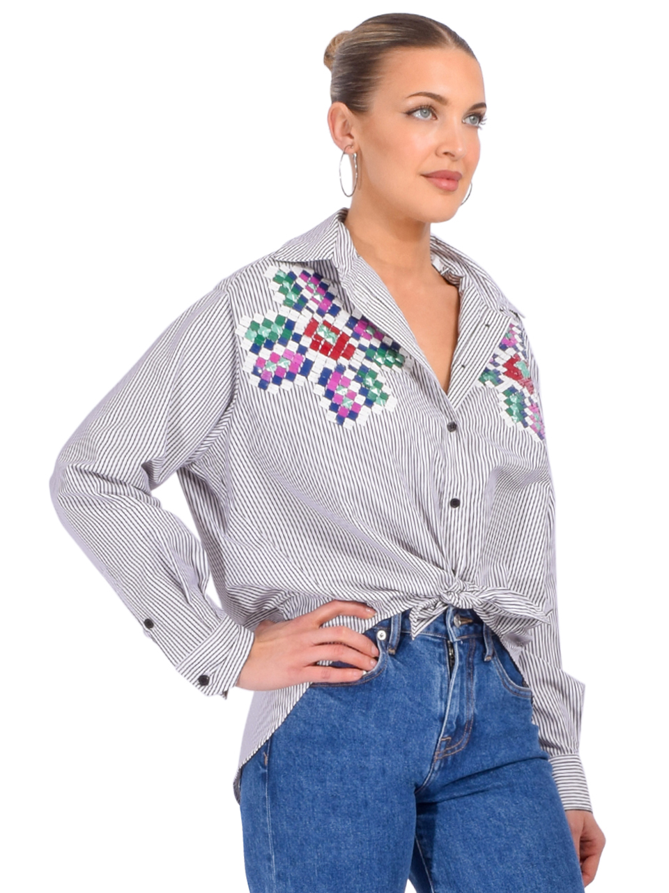 Essentiel Antwerp Hapricorn Sequin-Embroidered Shirt in Black and White Side View 