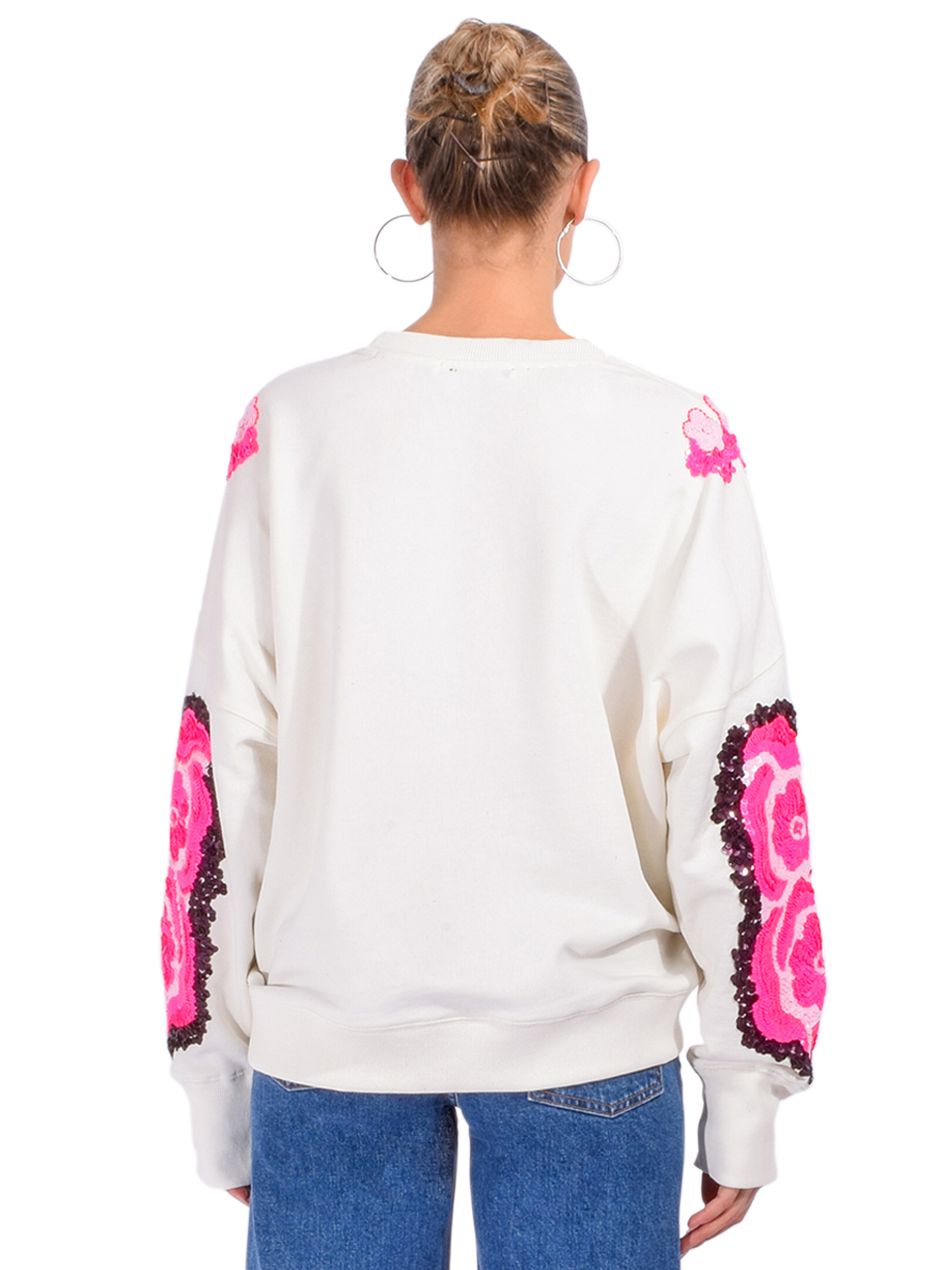 Essentiel Antwerp Hecrazy Cotton Embroidered Sweatshirt in White and Pink Back View 

