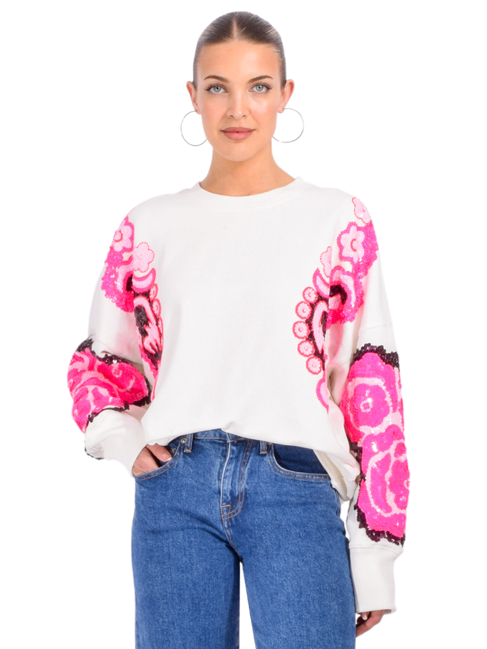 Essentiel Antwerp Hecrazy Cotton Embroidered Sweatshirt in White and Pink Front View 