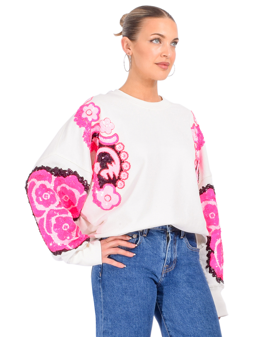 Essentiel Antwerp Hecrazy Cotton Embroidered Sweatshirt in White and Pink Side View
