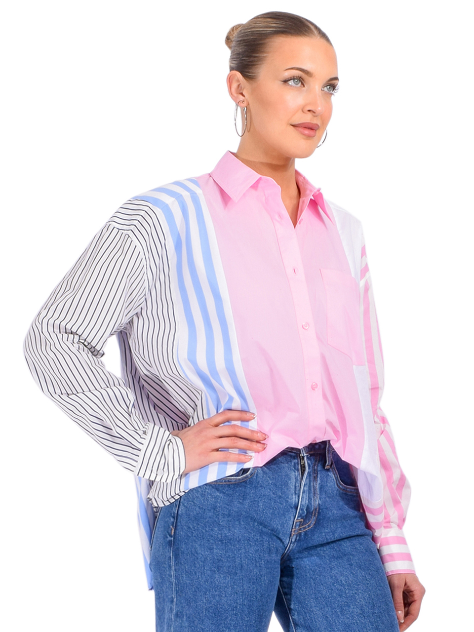 Essentiel Antwerp Hemix Striped Shirt in Pink and White Side View 