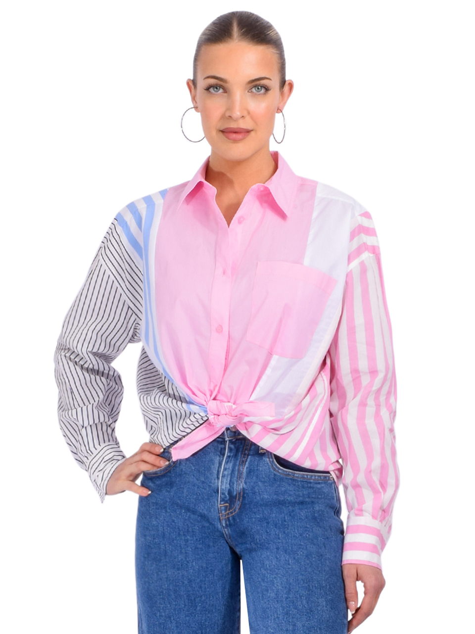 Essentiel Antwerp Hemix Striped Shirt in Pink and White Front View 