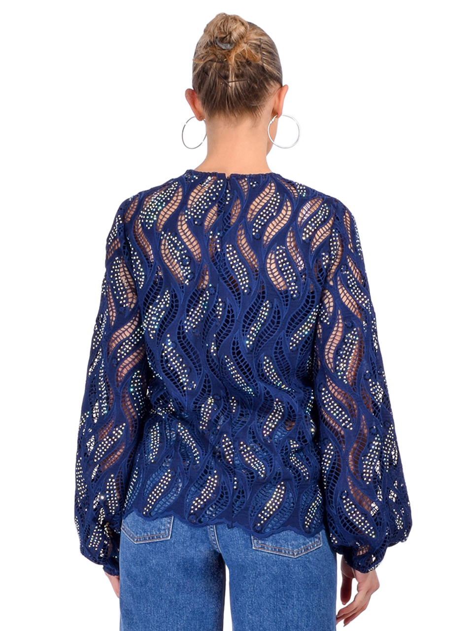 Essentiel Antwerp Hanover Lace Embellished Top in Dark Sapphire Back View 