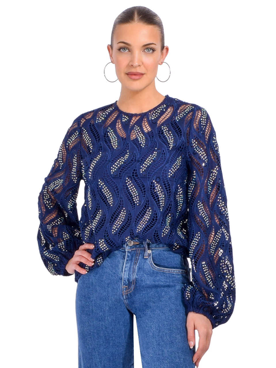 Essentiel Antwerp Hanover Lace Embellished Top in Dark Sapphire Front View 
