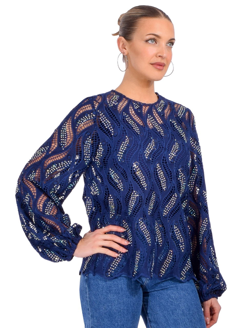 Essentiel Antwerp Hanover Lace Embellished Top in Dark Sapphire Side View 