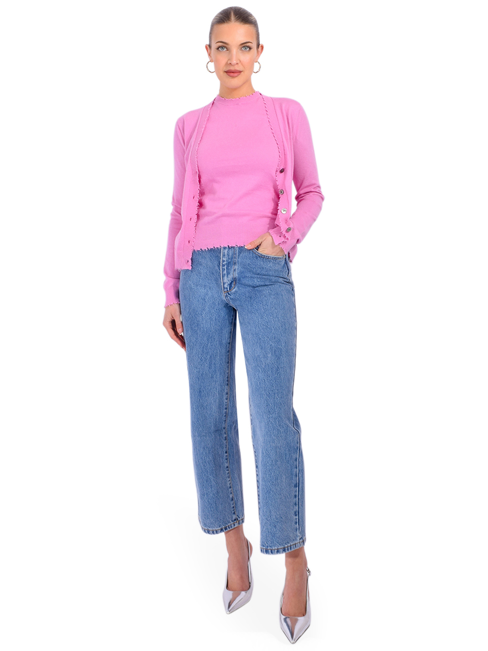 Minnie Rose Cotton Cashmere Frayed Cardigan in Raspberry Full Outfit 