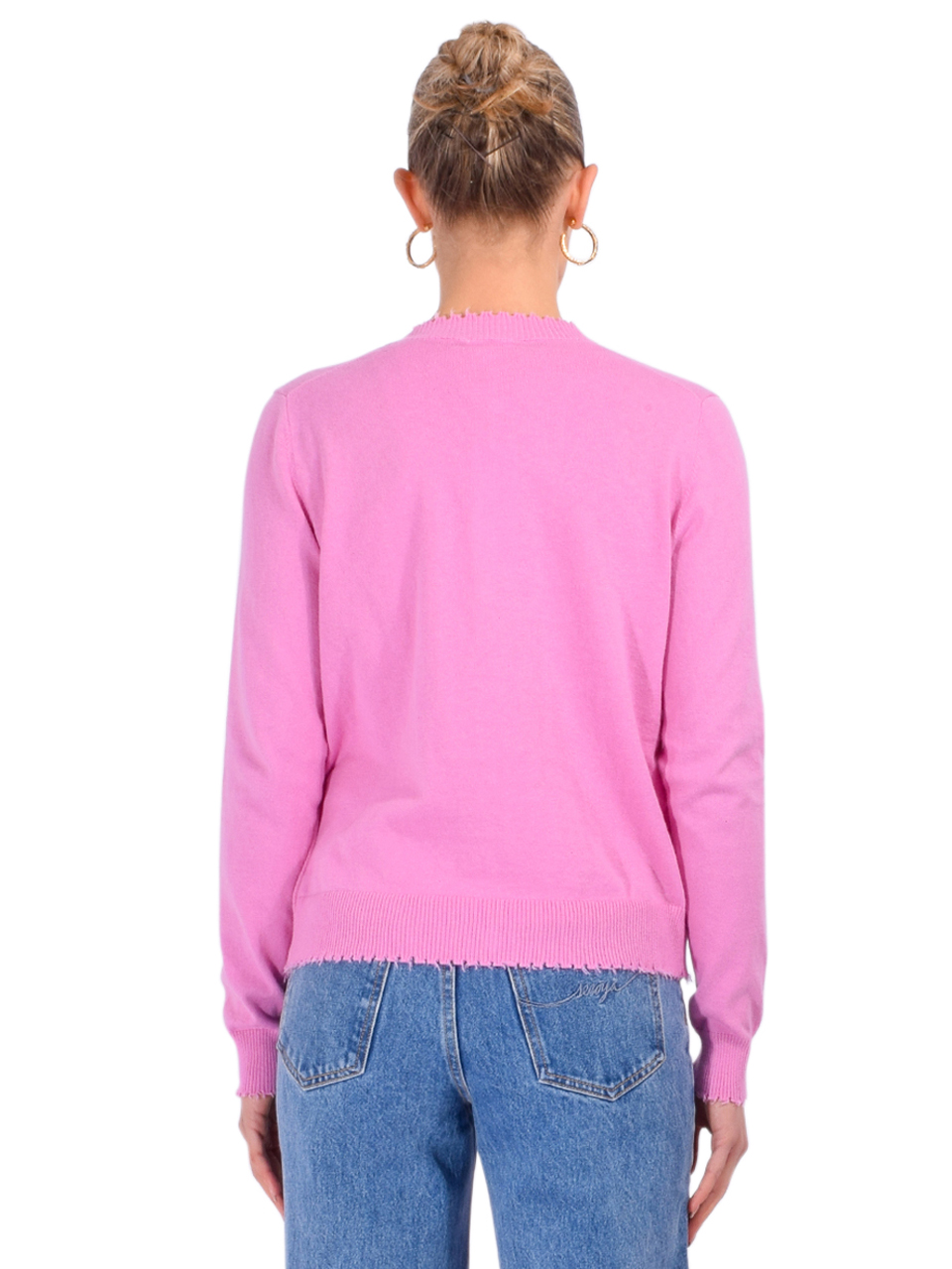 Minnie Rose Cotton Cashmere Frayed Cardigan in Raspberry Back View 