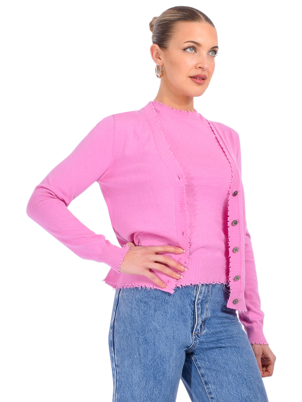 Minnie Rose Cotton Cashmere Frayed Cardigan in Raspberry Side View 