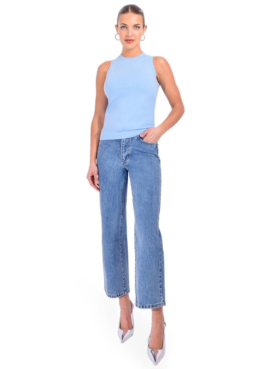 Minnie Rose Cameo Viscose Crew Tank in Blue Full Outfit 