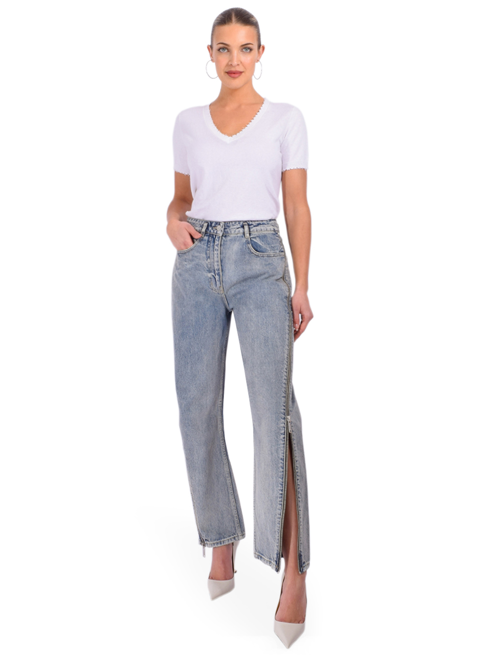 Minnie Rose Cotton Cashmere Frayed V Tee in White Full Outfit 