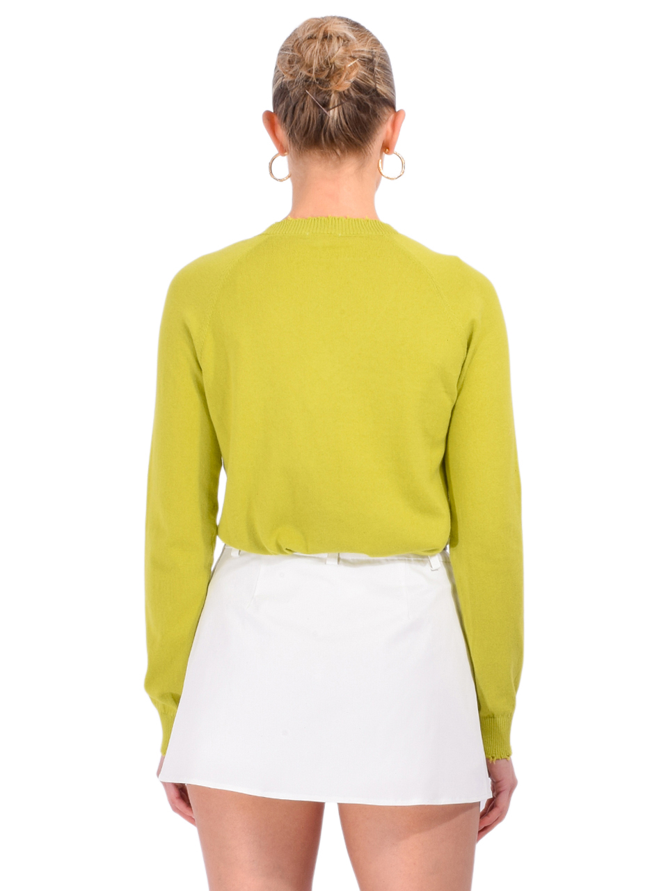 Minnie Rose Cotton Cashmere Frayed Edge V in Green Back View 