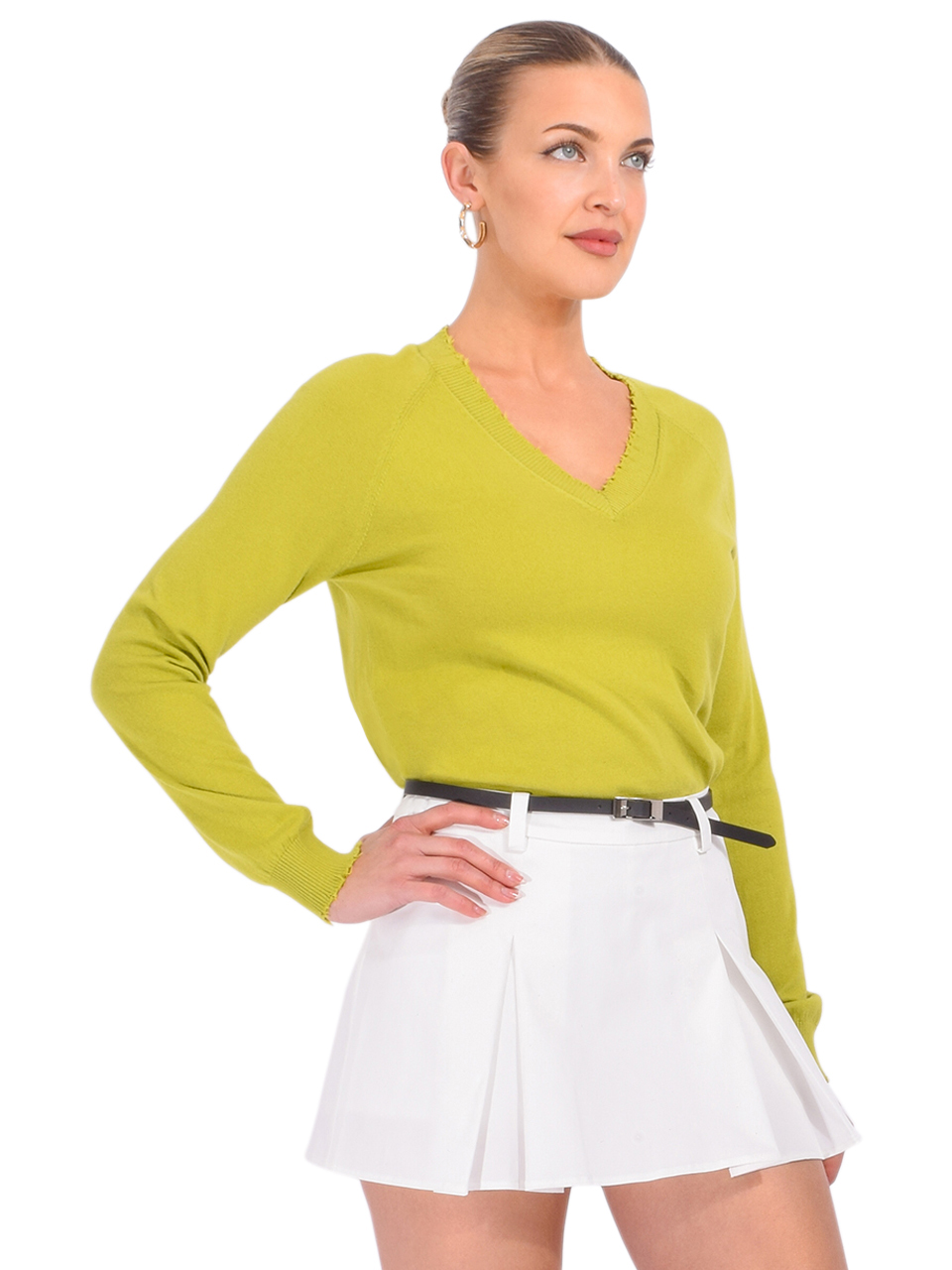 Minnie Rose Cotton Cashmere Frayed Edge V in Green Side View 