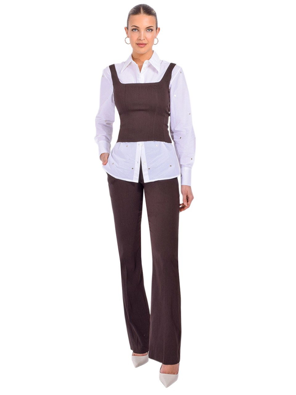 Ottod'Ame Embellished Button Down Shirt in White Full Outfit 1
