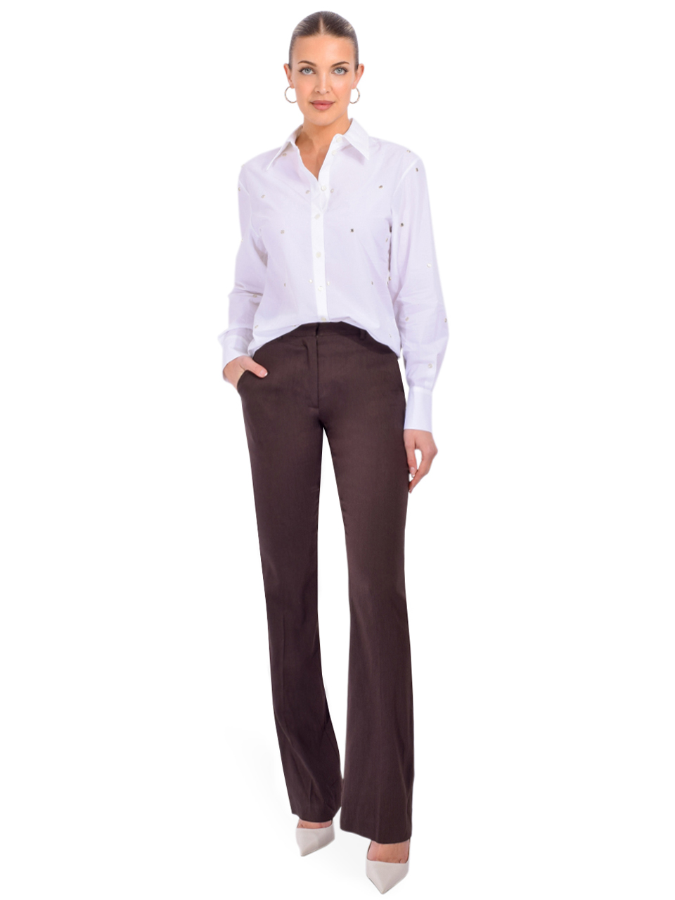 Ottod'Ame Embellished Button Down Shirt in White Full Outfit 2