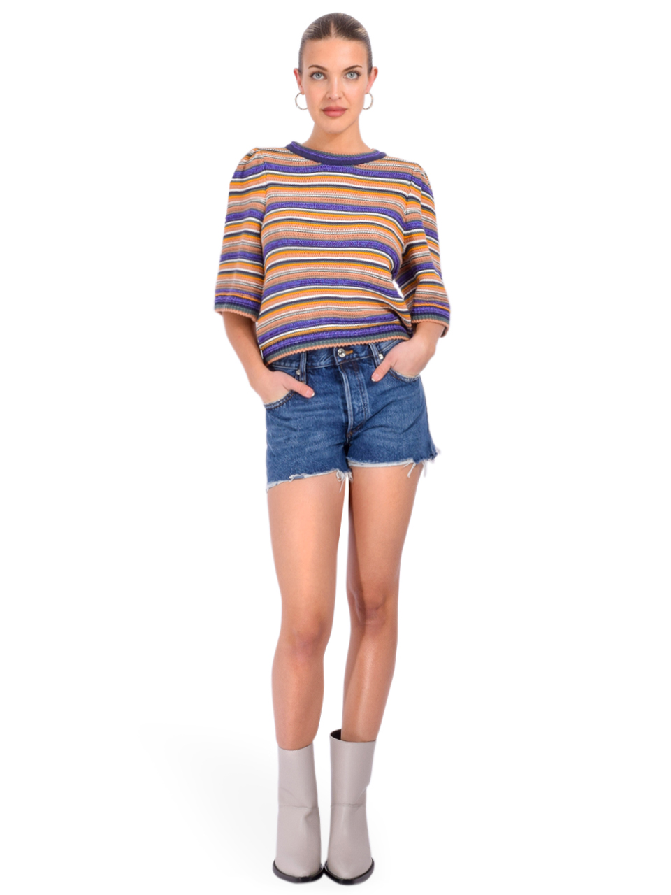 BA&SH Farfaela Short-Sleeve Knit Sweater in Multi Full Outfit 
