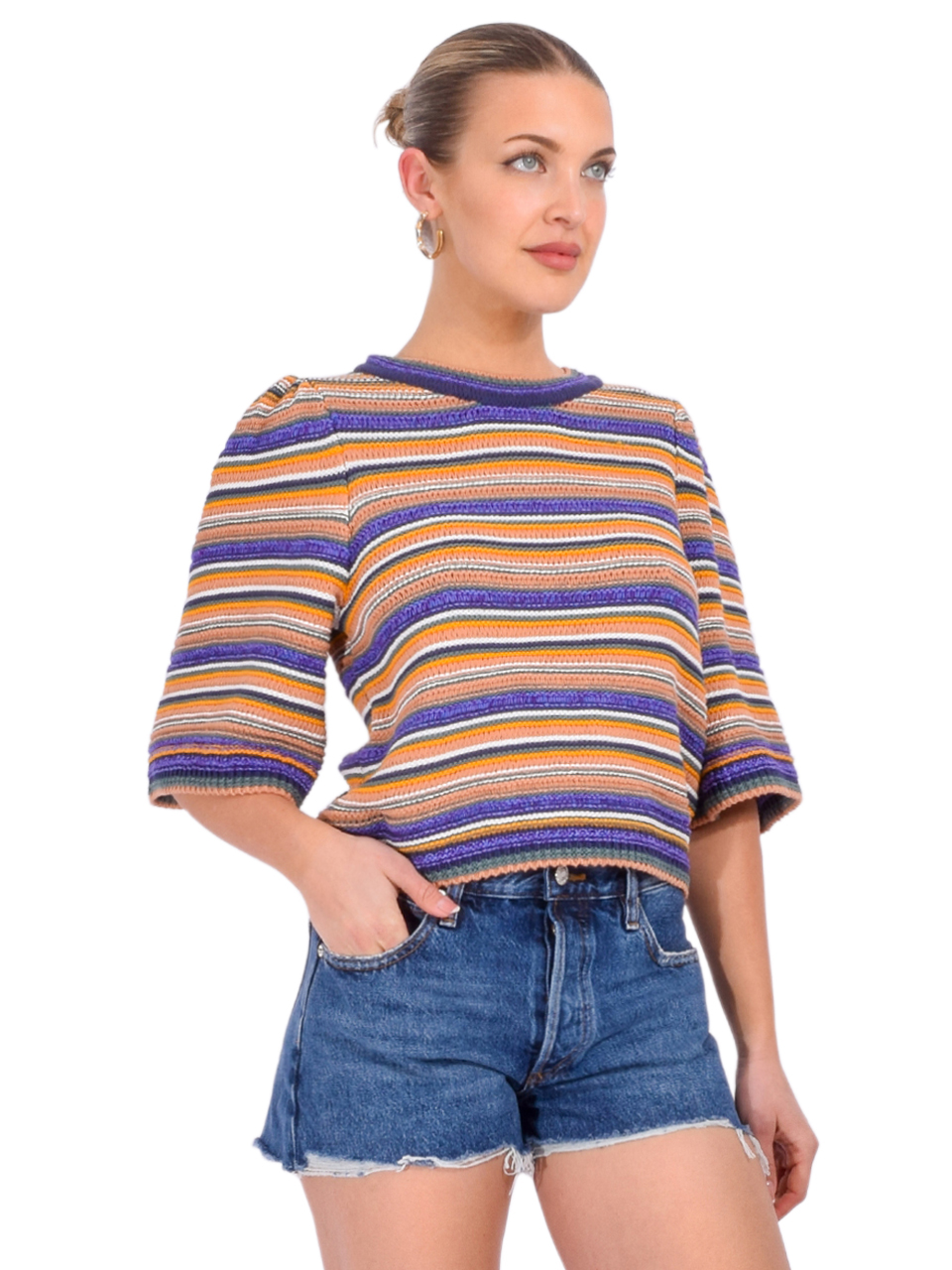 BA&SH Farfaela Short-Sleeve Knit Sweater in Multi Side View 