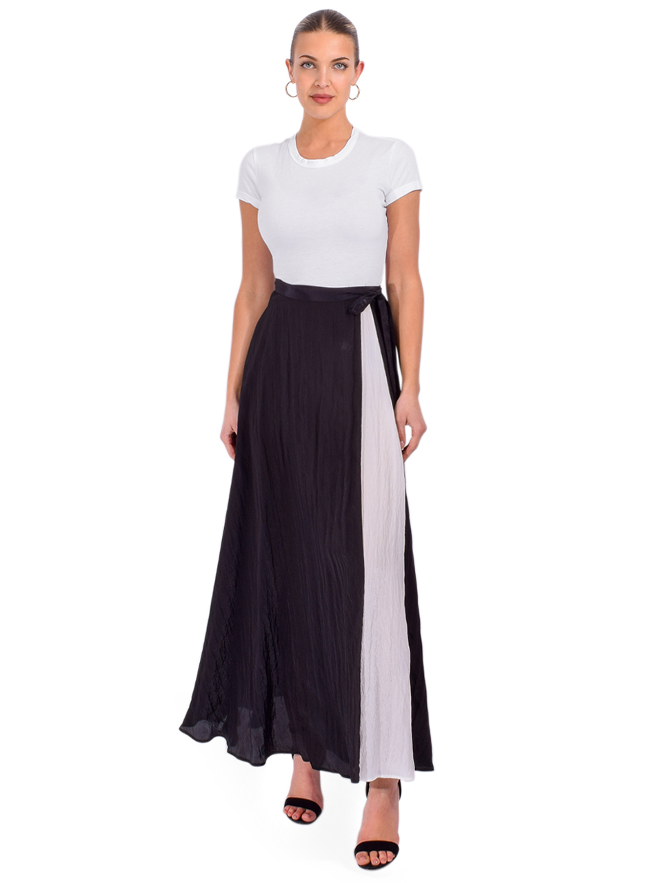 PIER ANTONIO GASPARI Two Toned Froisse Wet Wrap Skirt in Black/ White Full Outfit 