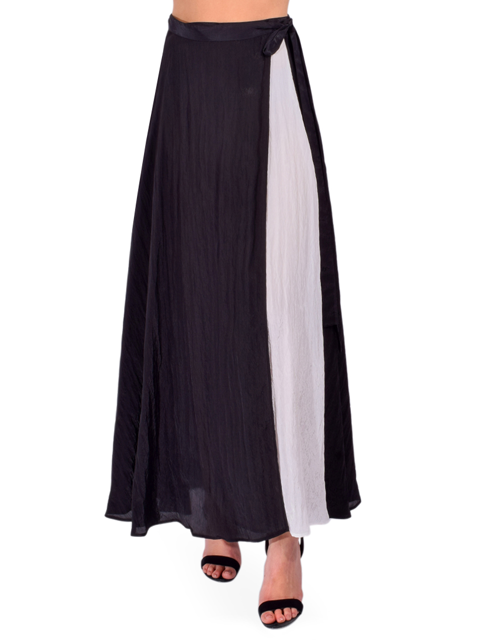 PIER ANTONIO GASPARI Two Toned Froisse Wet Wrap Skirt in Black/ White Front View 