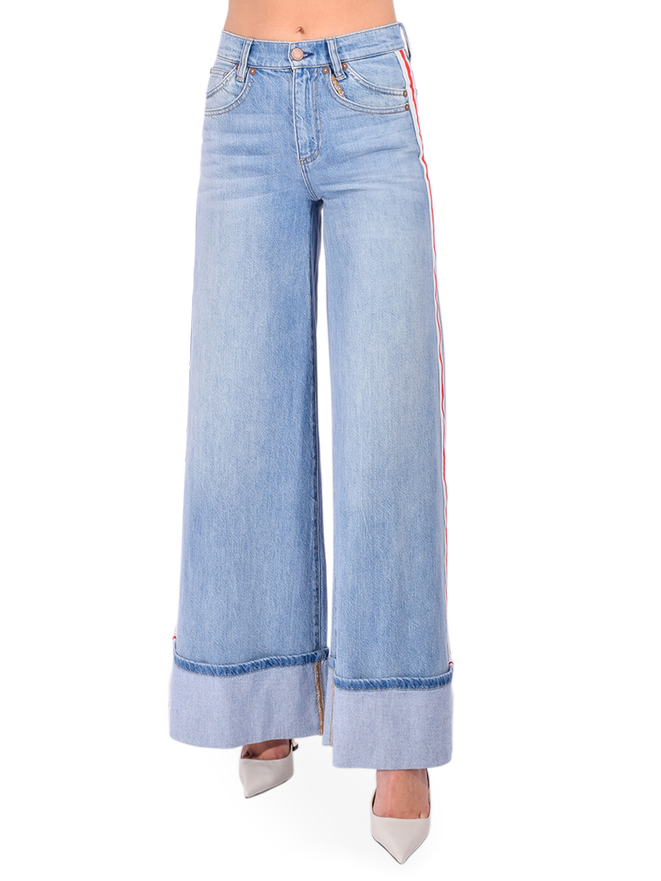 ALICE + OLIVIA Wallie Cuff Jean in Gemma Light Blue Front View 