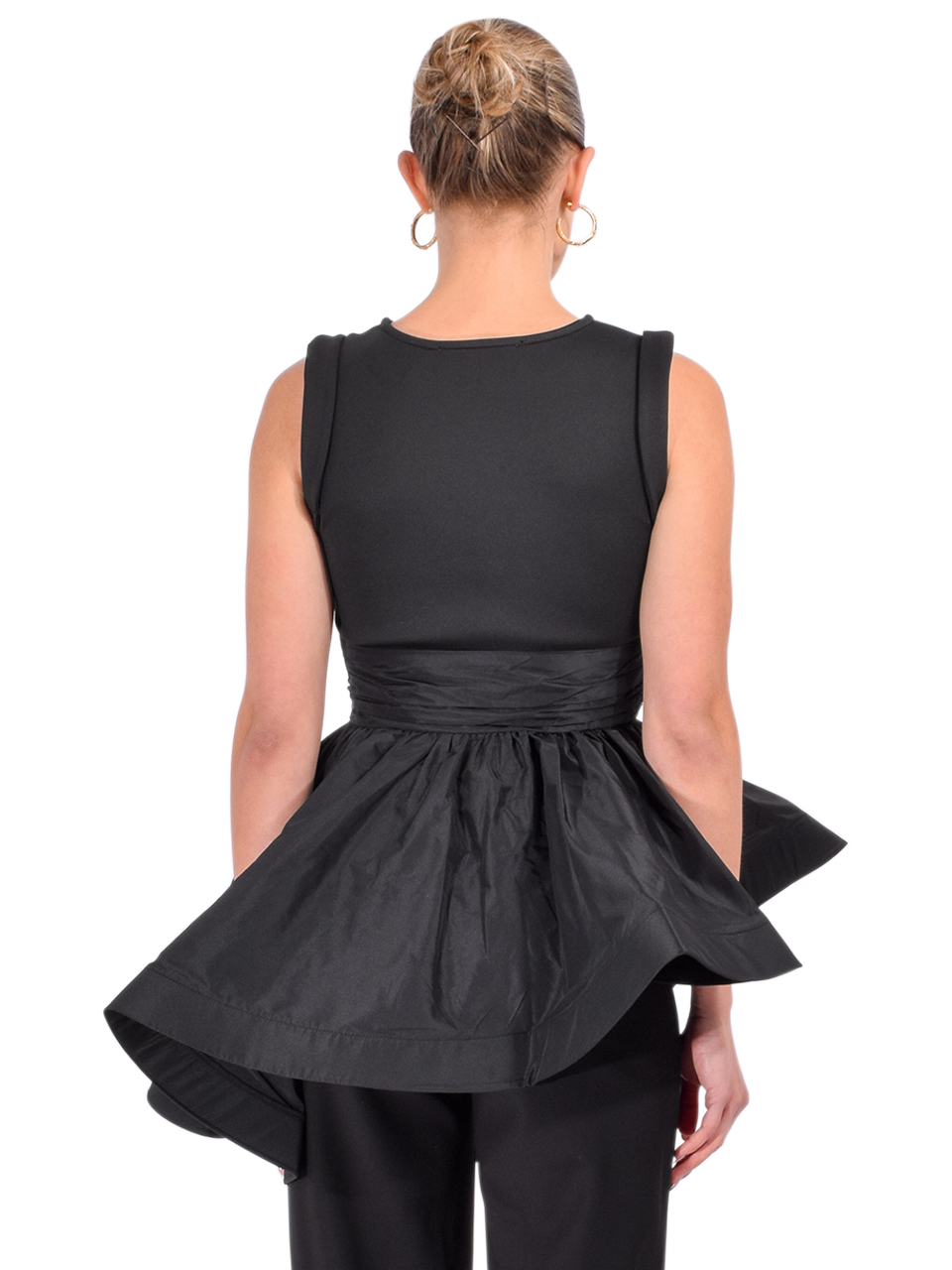 THEO Theia Peplum Mix-Media Top in Black Back View