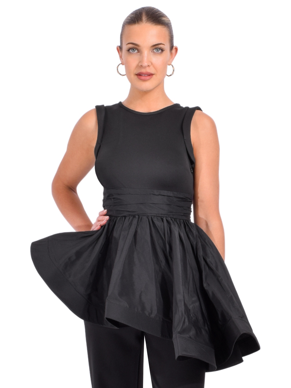 THEO Theia Peplum Mix-Media Top in Black Front View 