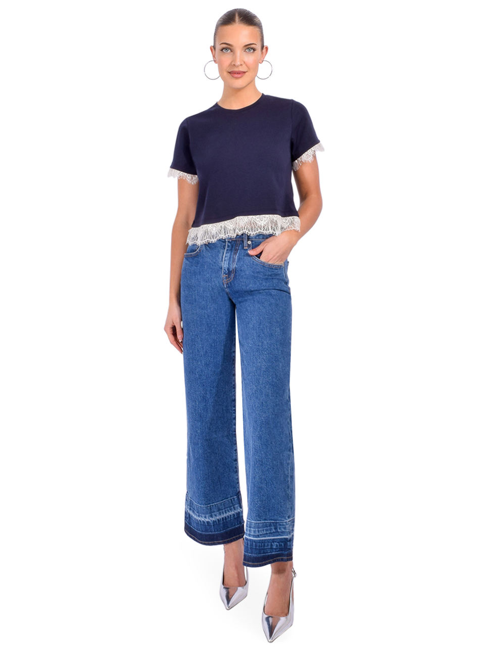 Cinq à Sept Ami Lace Trim Tee in Navy/Ivory Full Outfit 