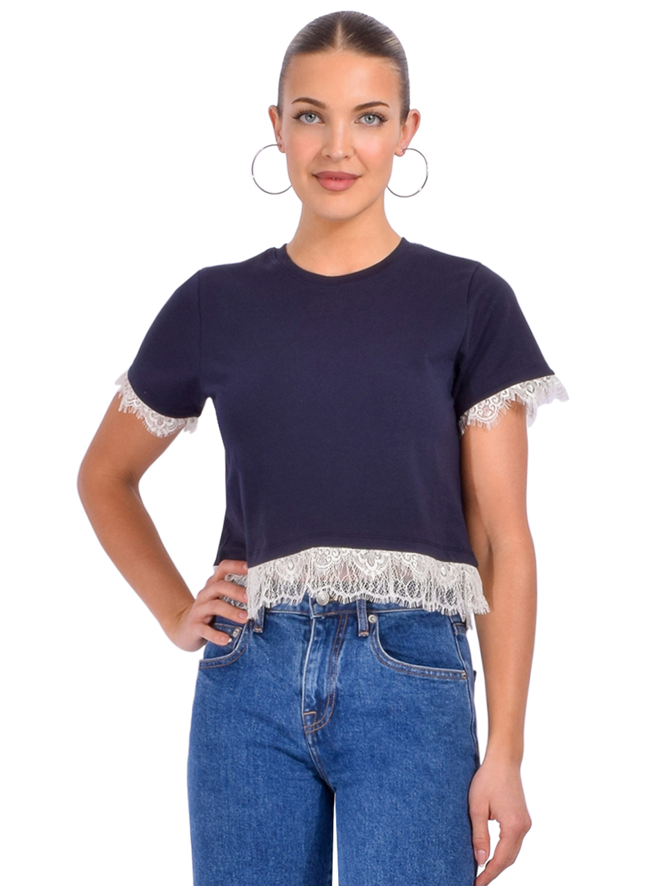 Cinq à Sept Ami Lace Trim Tee in Navy/Ivory Front View 