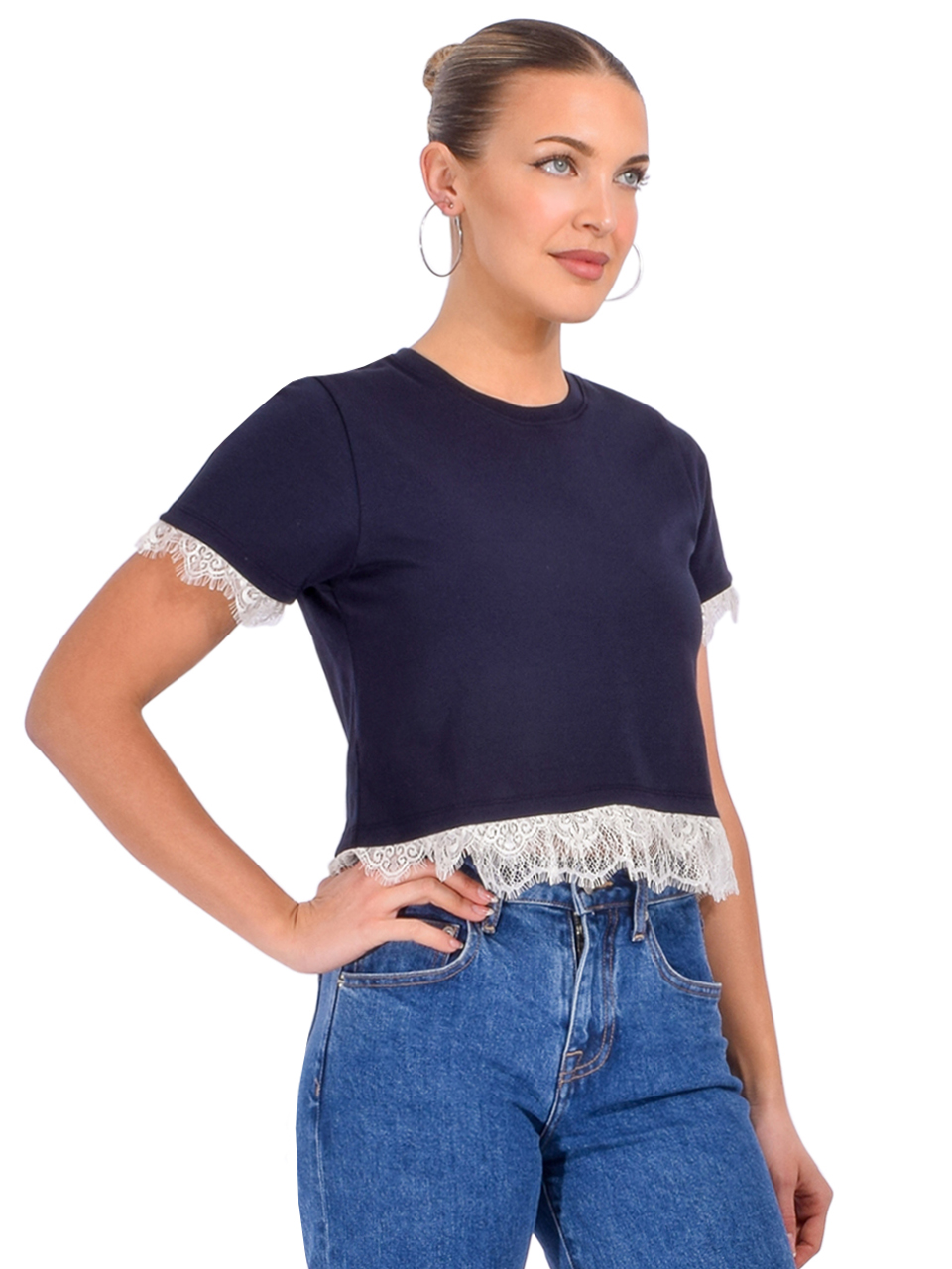 Cinq à Sept Ami Lace Trim Tee in Navy/Ivory Side View 