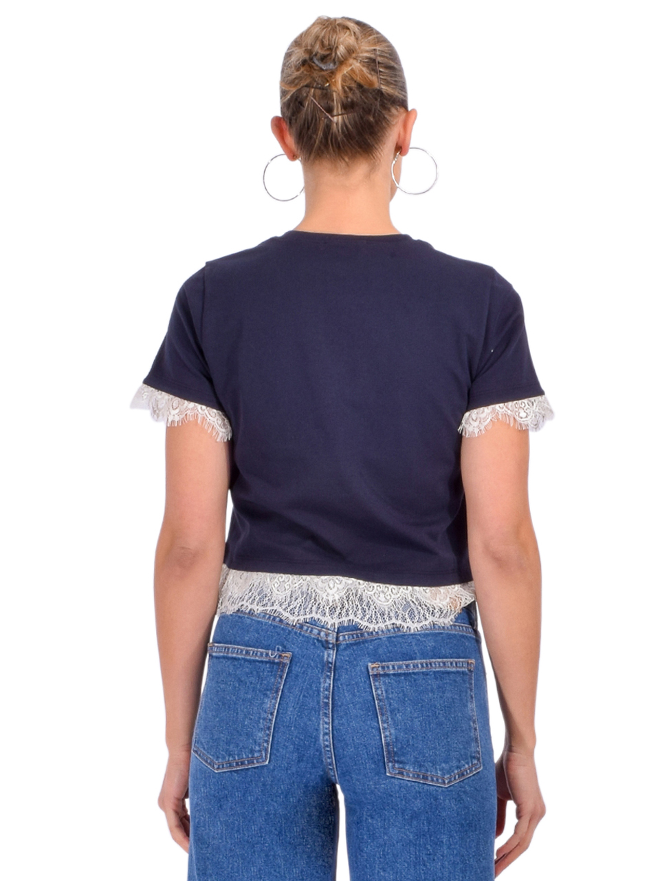 Cinq à Sept Ami Lace Trim Tee in Navy/Ivory Back View 