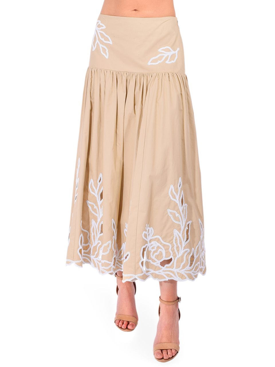 Cinq à Sept Trailing Peonies Tilda Skirt in Khaki Front View 