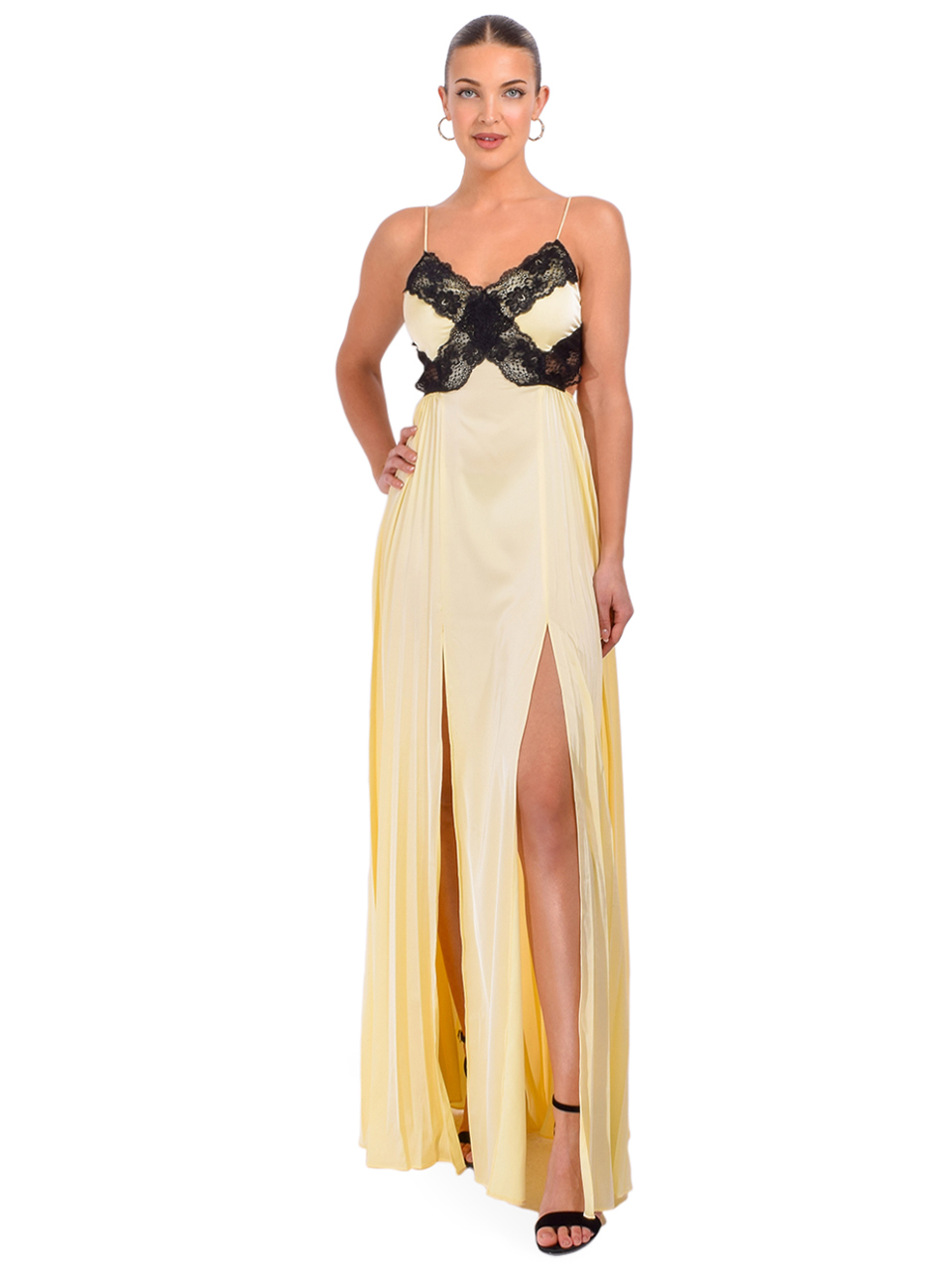 Self-Portrait:Yellow satin lace Maxi dress Self-Portrait Yellow Satin Lace Maxi Dress