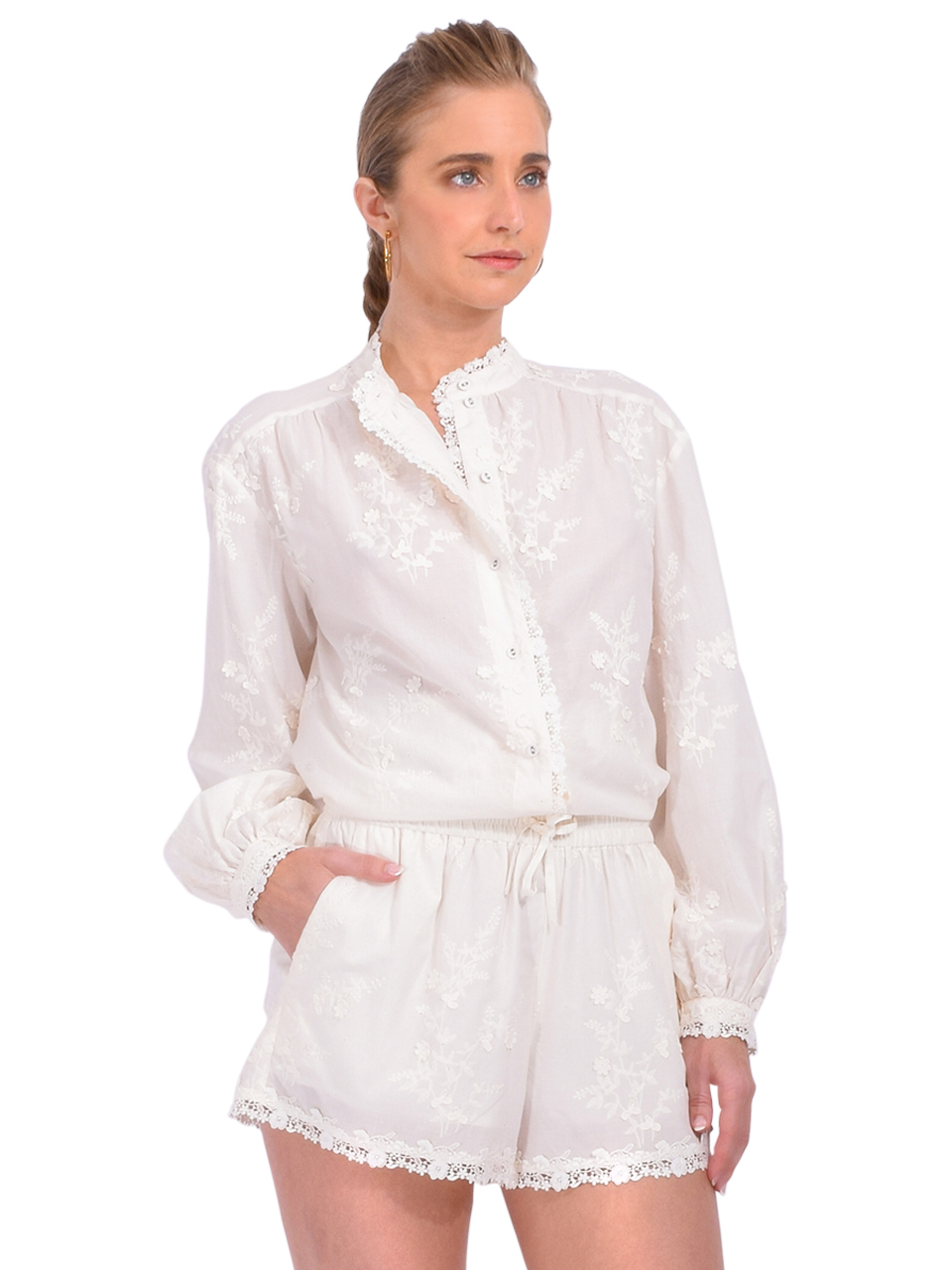 CAMI NYC Palmyra Cotton Blouse in Macadamia Side View 
