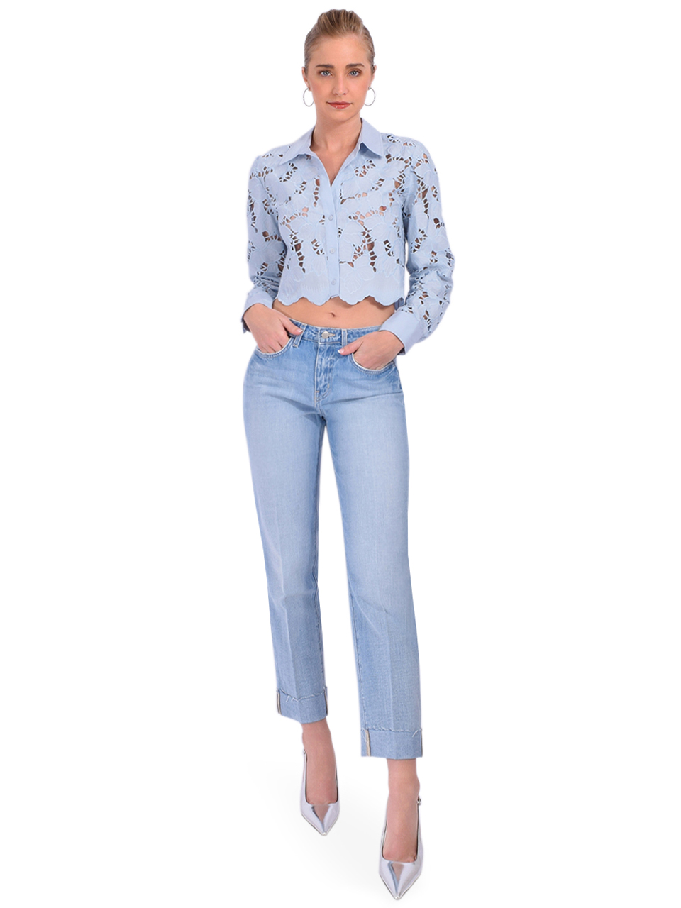 L'AGENCE Seychelle Lace Cropped Blouse in Blue Fog Full Outfit 