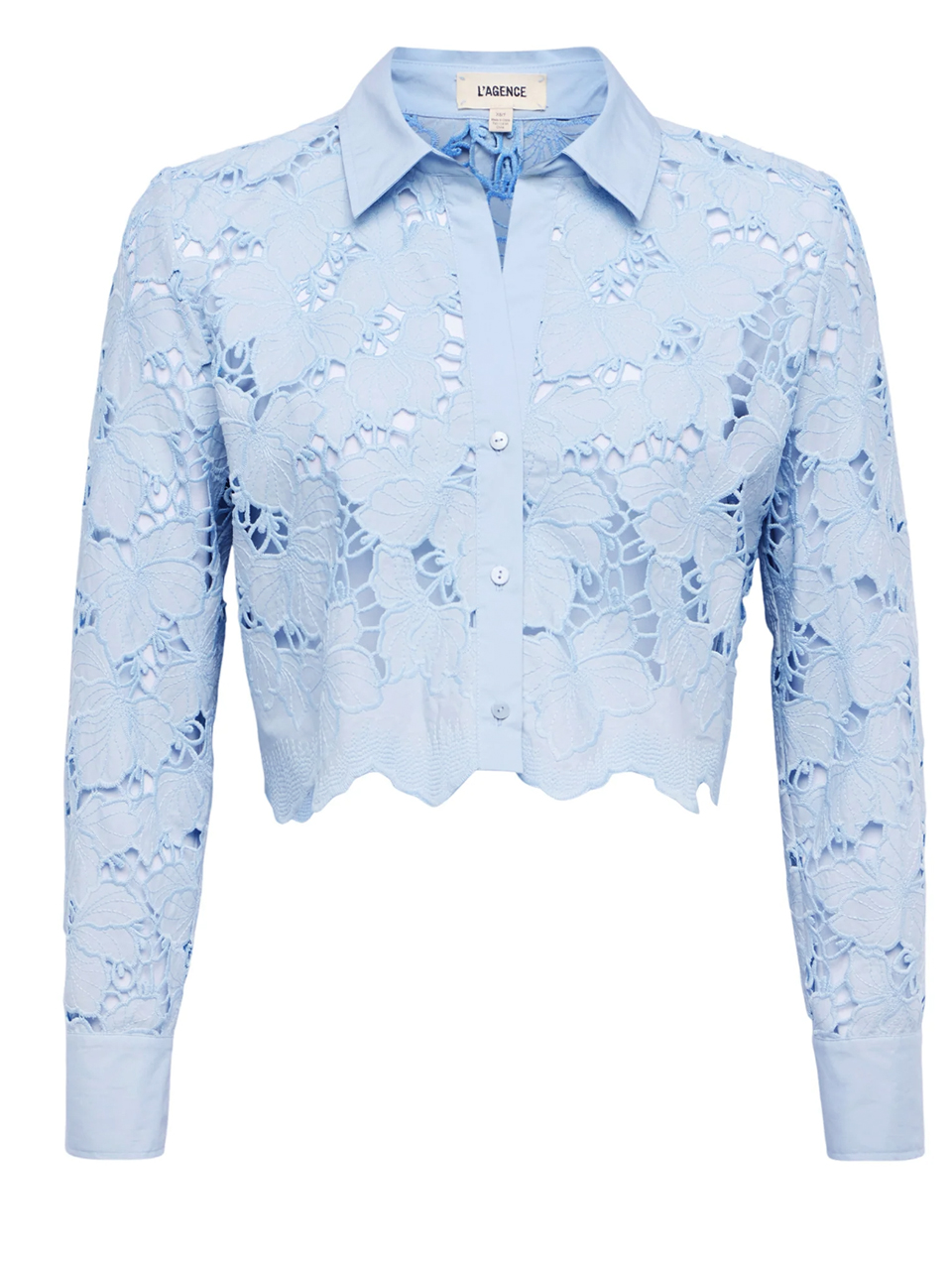 L'AGENCE Seychelle Lace Cropped Blouse in Blue Fog Product Shot 