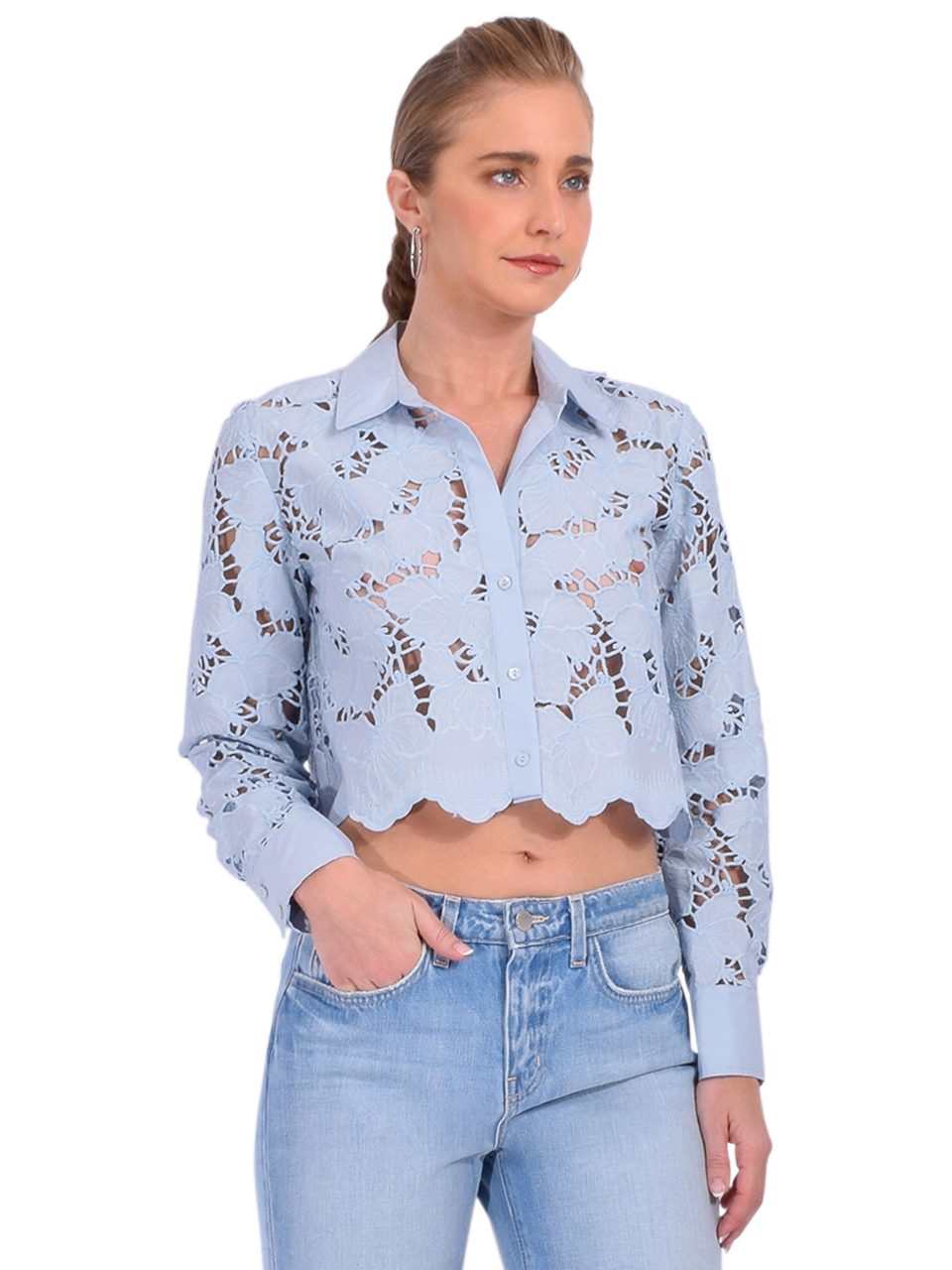 L'AGENCE Seychelle Lace Cropped Blouse in Blue Fog Side View 
